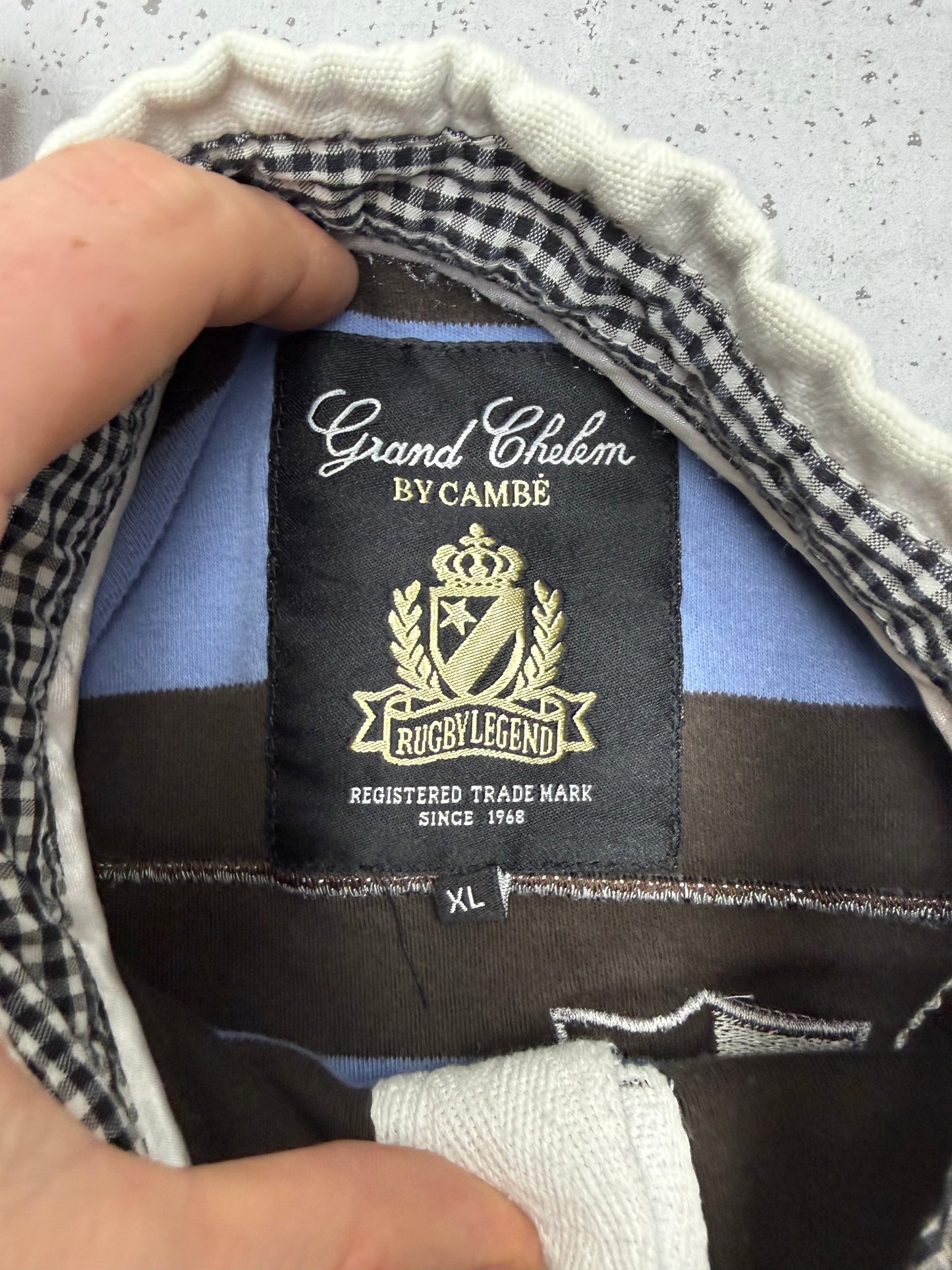 Grand Chelem vintage Rugbyshirt langarm Polo braun blau gestreift XL