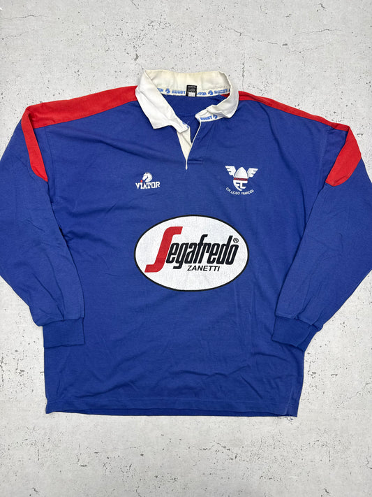 Viator vintage Segafredo Zanetti C.R. Liceo Frances Madrid Rugbyshirt langarm Polo blau L