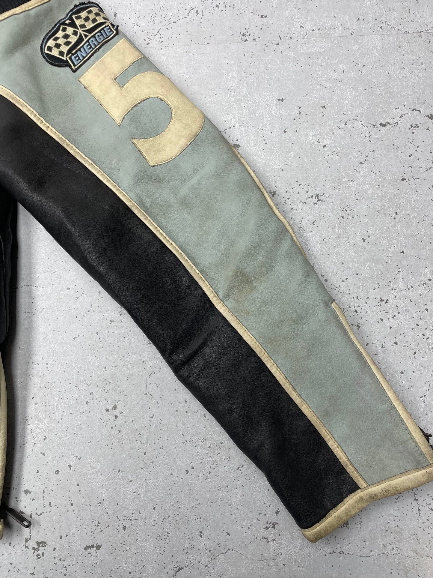 Energie 90er Vintage Leder Racing Bikerjacke Schwarz Hellblau M - MonkeysVintage