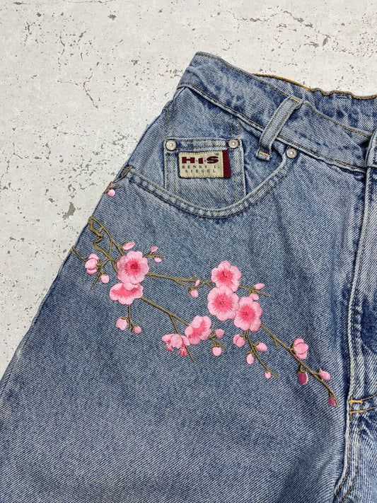 Vintage Y2K Japanese Flower Design Jeans blau W27 - MonkeysVintage