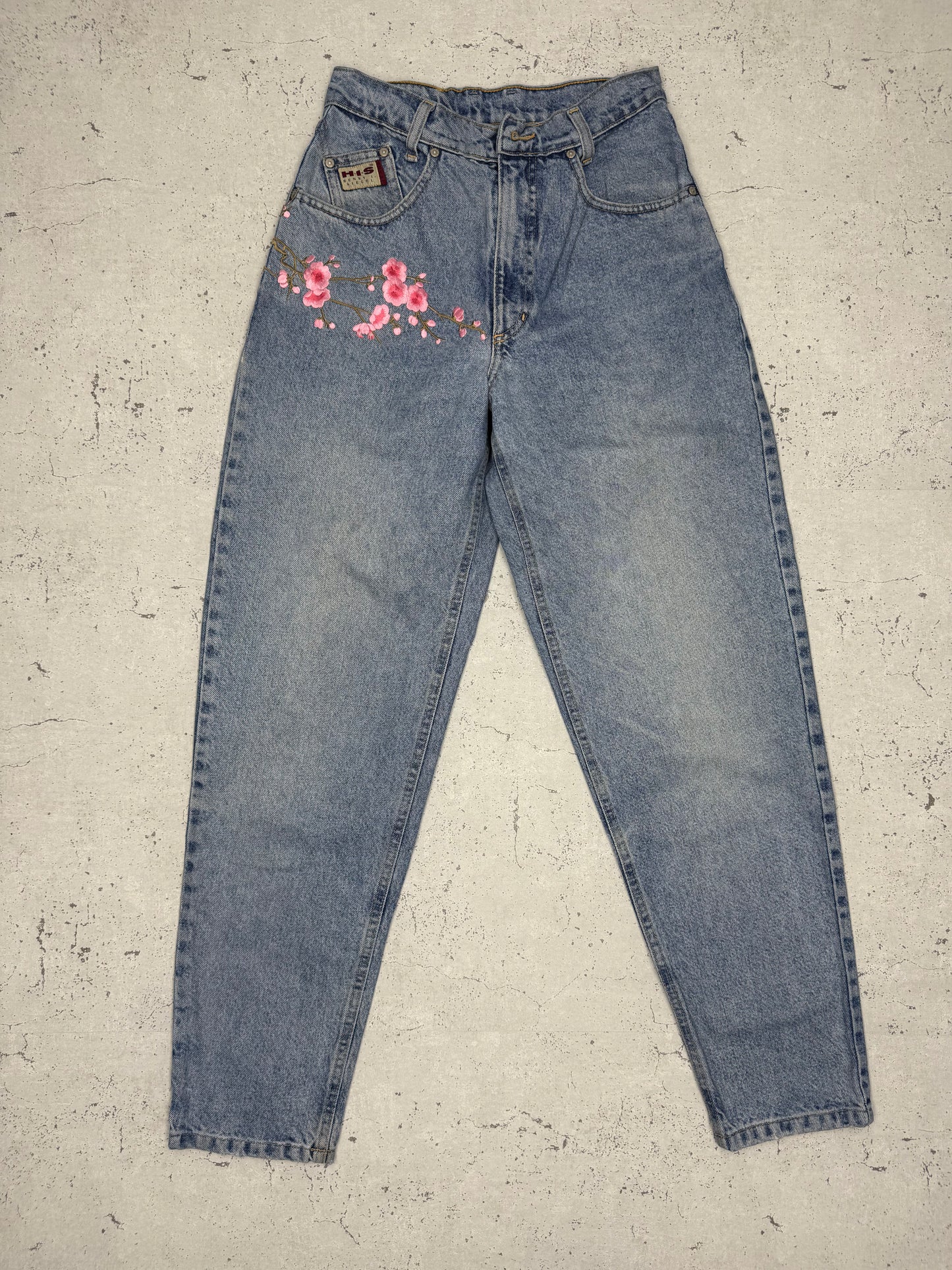 Vintage Y2K Japanese Flower Design Jeans blau W27 - MonkeysVintage