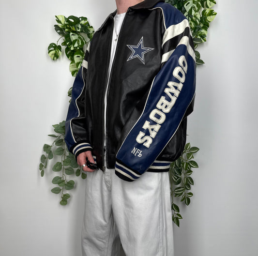 NFL Dallas Cowboys Vintage Lederjacke Collegejacke blau schwarz XL - MonkeysVintage