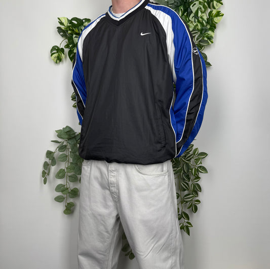 Nike Vintage Spellout Big Swoosh Sweater Windbreaker blau schwarz L - MonkeysVintage