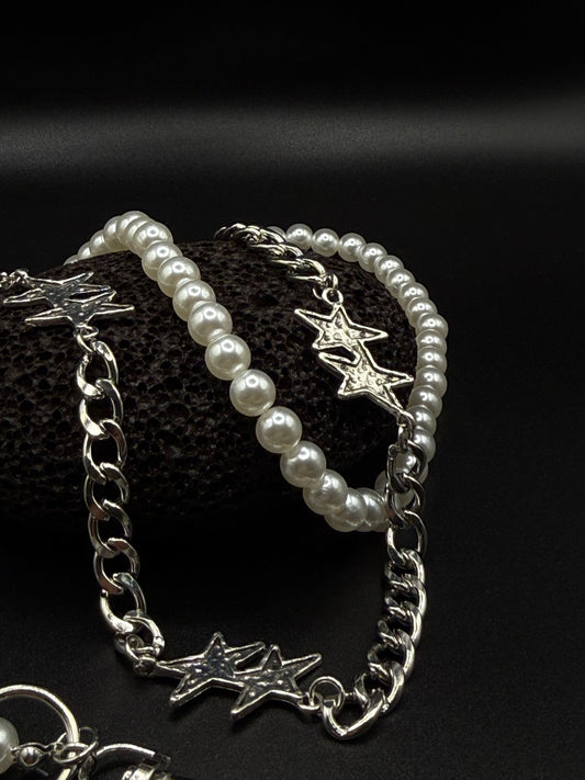 "Starlink Chain" – Y2K Perlen & Silber Sternen Kette Hosenkette mit Sternen Streetear