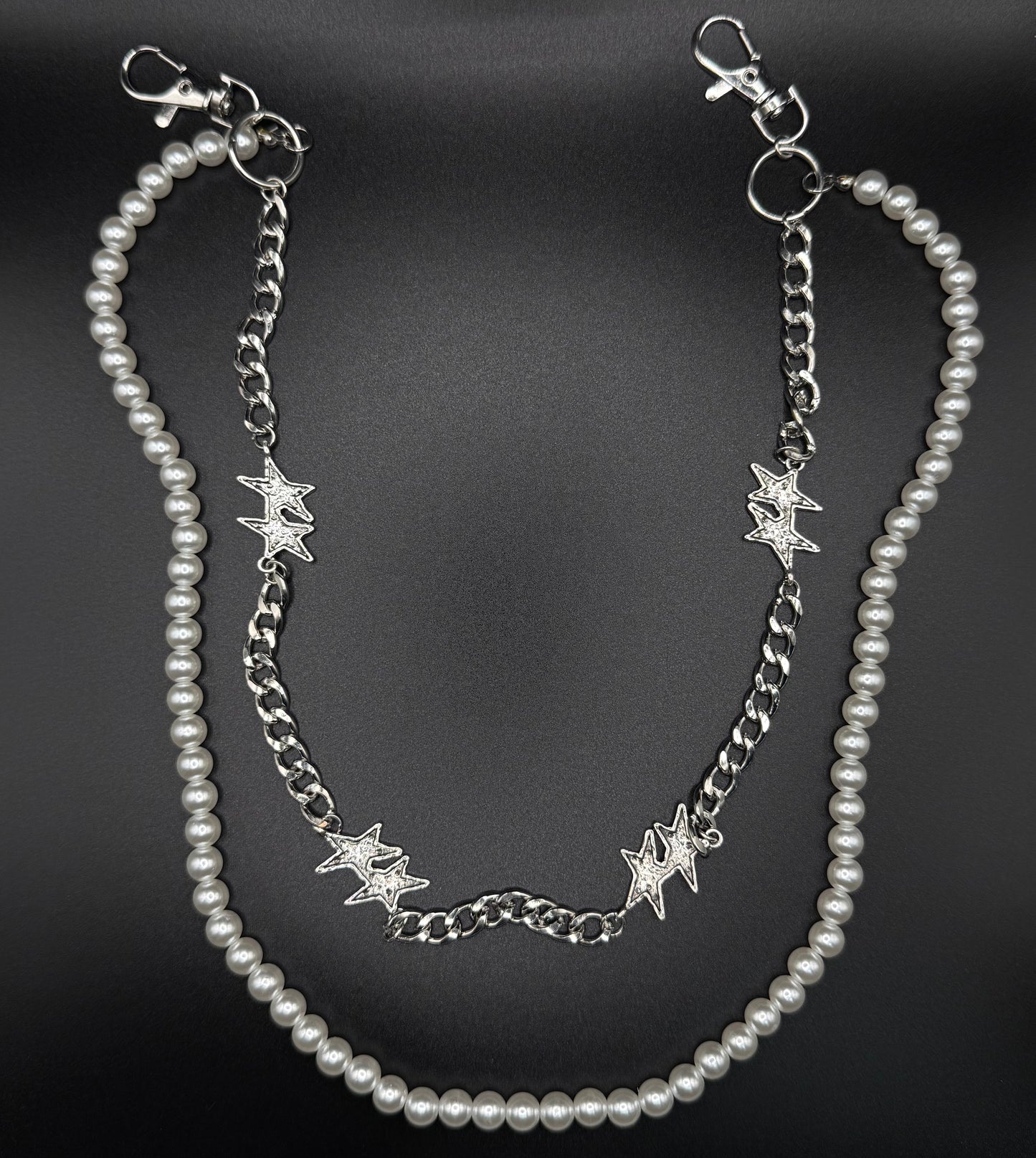 "Starlink Chain" – Y2K Perlen & Silber Sternen Kette Hosenkette mit Sternen Streetear