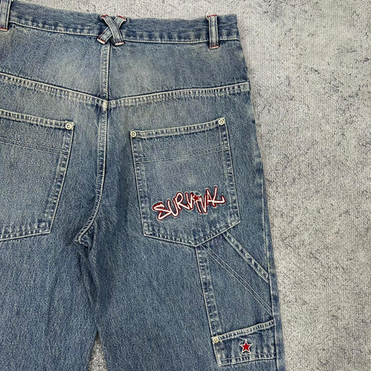 HS vintage "SURVIVAL" Baggy Fit Jorts Jeans Shorts Denim Pants Streetwear Y2K embroidery W28 S