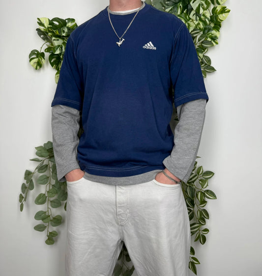 Adidas Y2K Vintage Langarm Shirt Sweater Blau Grau M - MonkeysVintage