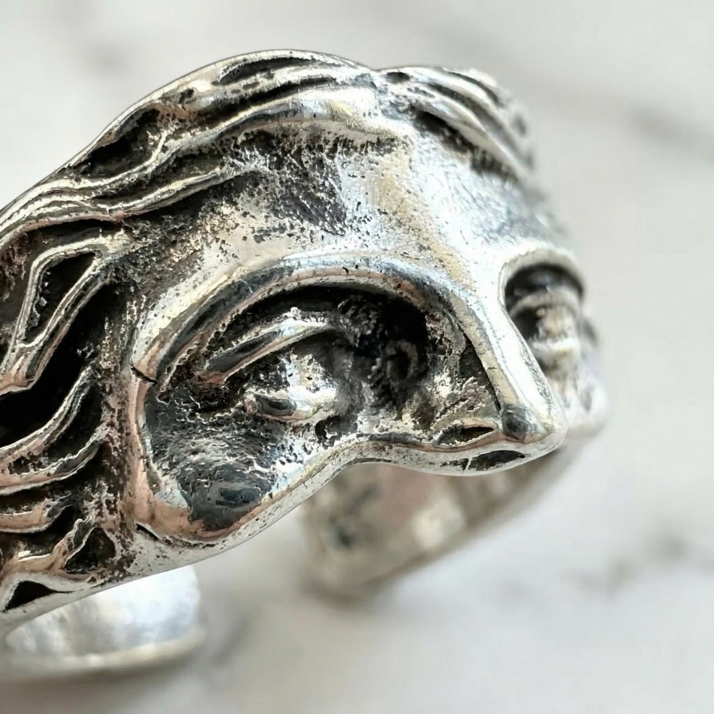 "Ares" Verstellbarer Silber Ring Y2K Art Griechisches Gesicht Silver