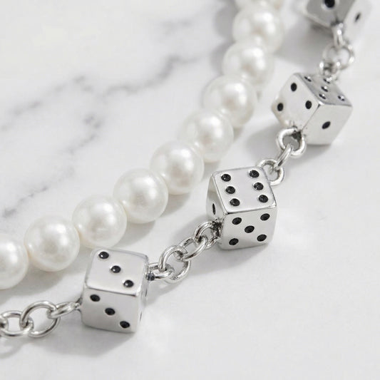 "Pearl Dice" Streetwear Hosenkette weiße Perlen mit silber Würfeln Pants Chain Y2K