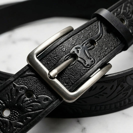 "Wild Western" Y2K Gürtel Ledergürtel Belt schwarz mit Texas Western Gravierungen