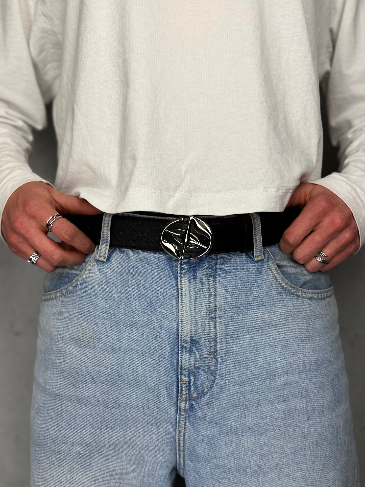 "Orbit Belt" Streetwear schwarzer Gürtel mit silber Schnalle Stern Y2K Hip Hop