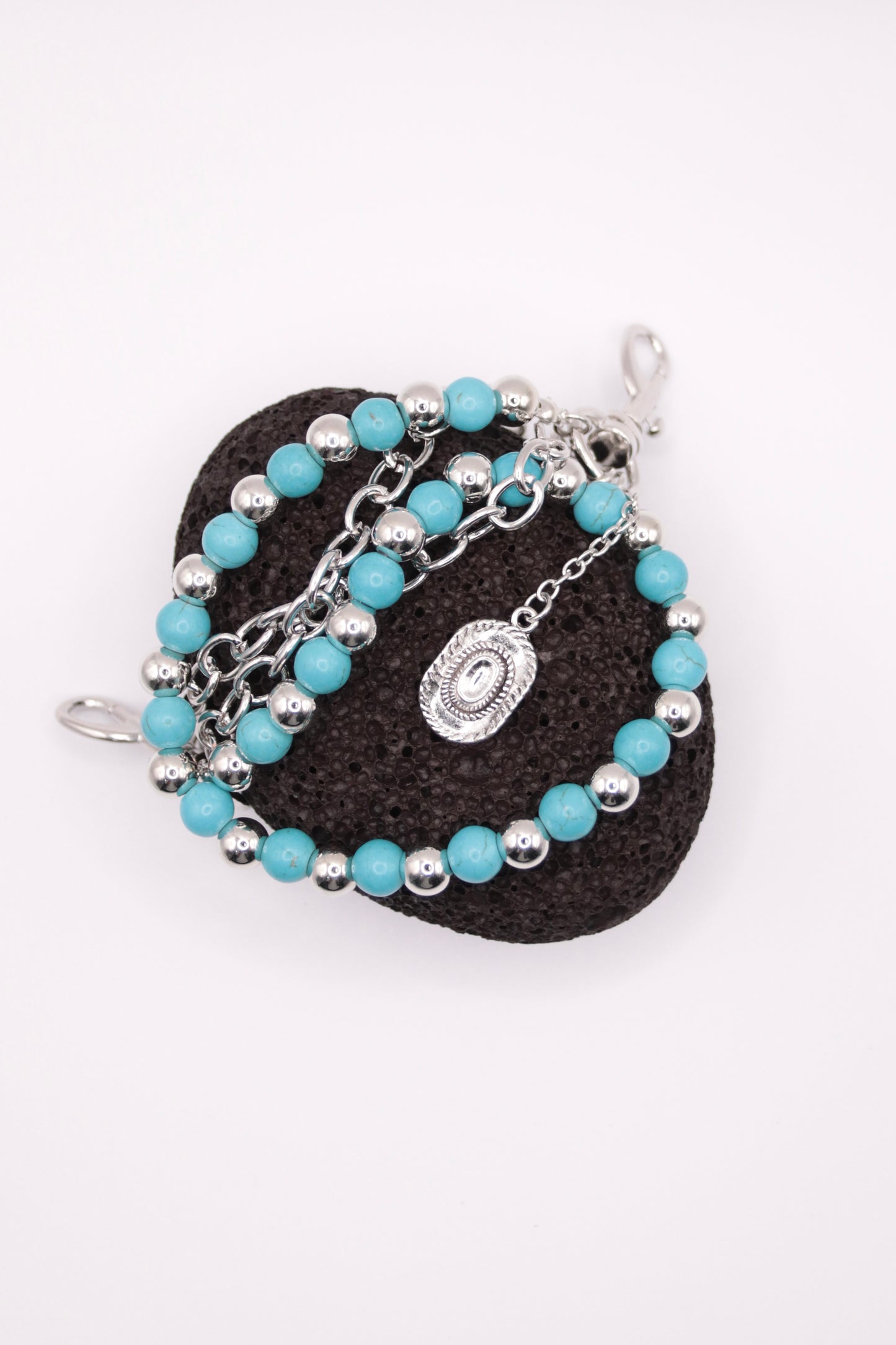 "Western Spirit" - Silberne Hosenkette mit türkisfarbenen Perlen & Cowboy-Hut Charm
