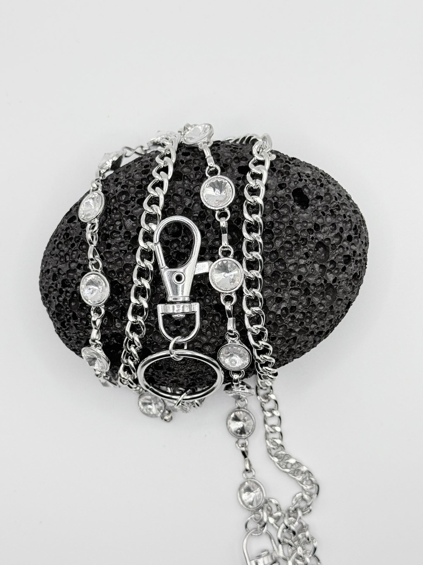 “White Orbit” Silber-Hosenkette mit weißen Kristallen hochwertiger Streetstyle Y2K
