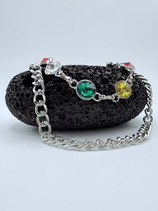 “Multicolor Orbit” Silber-Hosenkette mit weißen Kristallen hochwertiger Streetstyle Y2K
