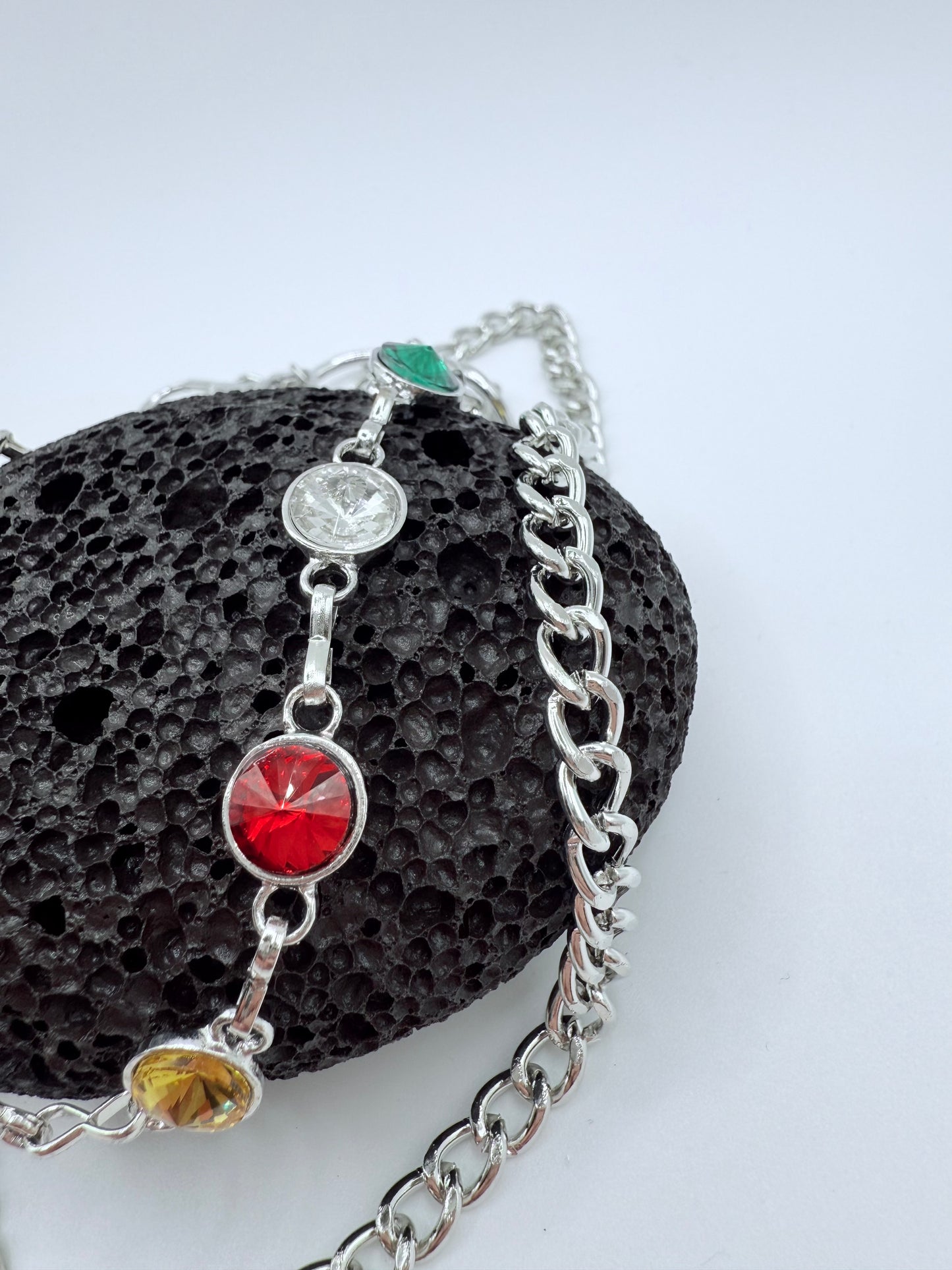 “Multicolor Orbit” Silber-Hosenkette mit weißen Kristallen hochwertiger Streetstyle Y2K