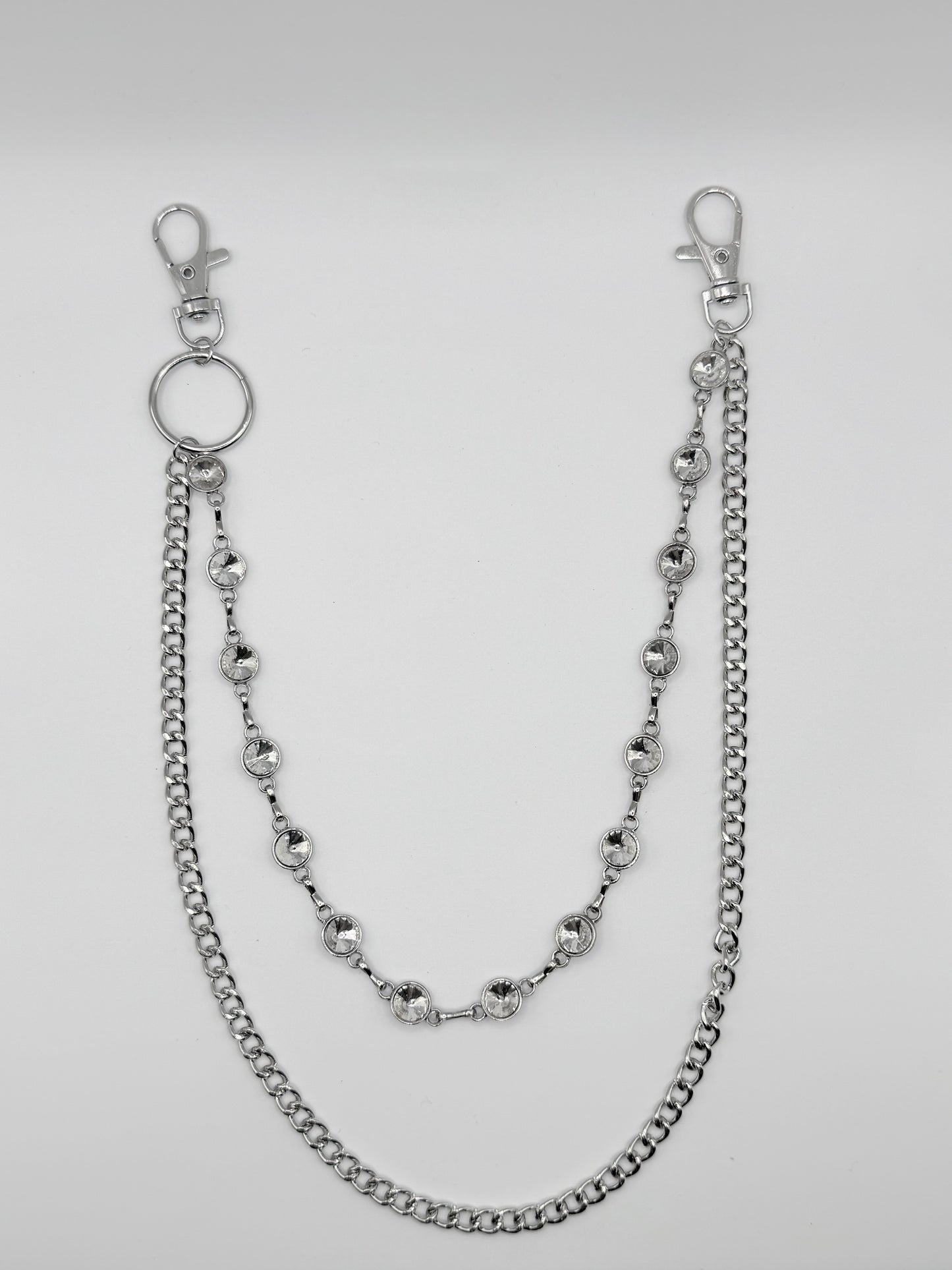 “White Orbit” Silber-Hosenkette mit weißen Kristallen hochwertiger Streetstyle Y2K