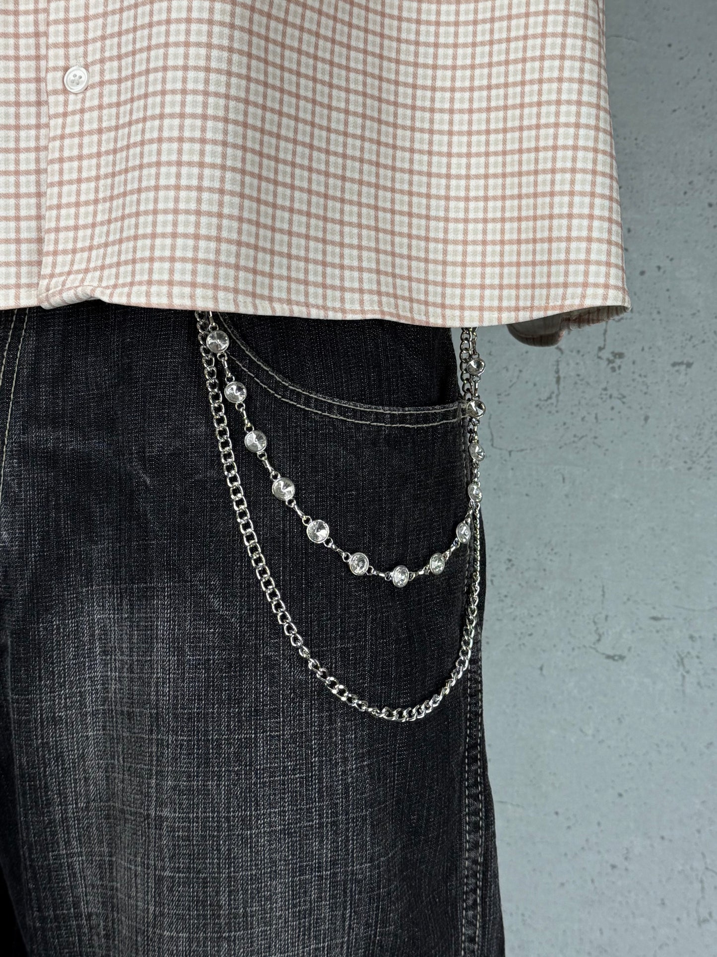“White Orbit” Silber-Hosenkette mit weißen Kristallen hochwertiger Streetstyle Y2K