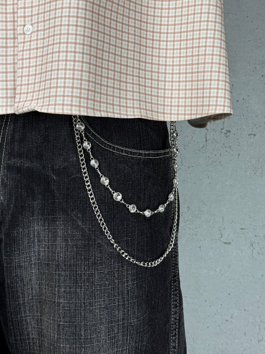 “White Orbit” Silber-Hosenkette mit weißen Kristallen hochwertiger Streetstyle Y2K