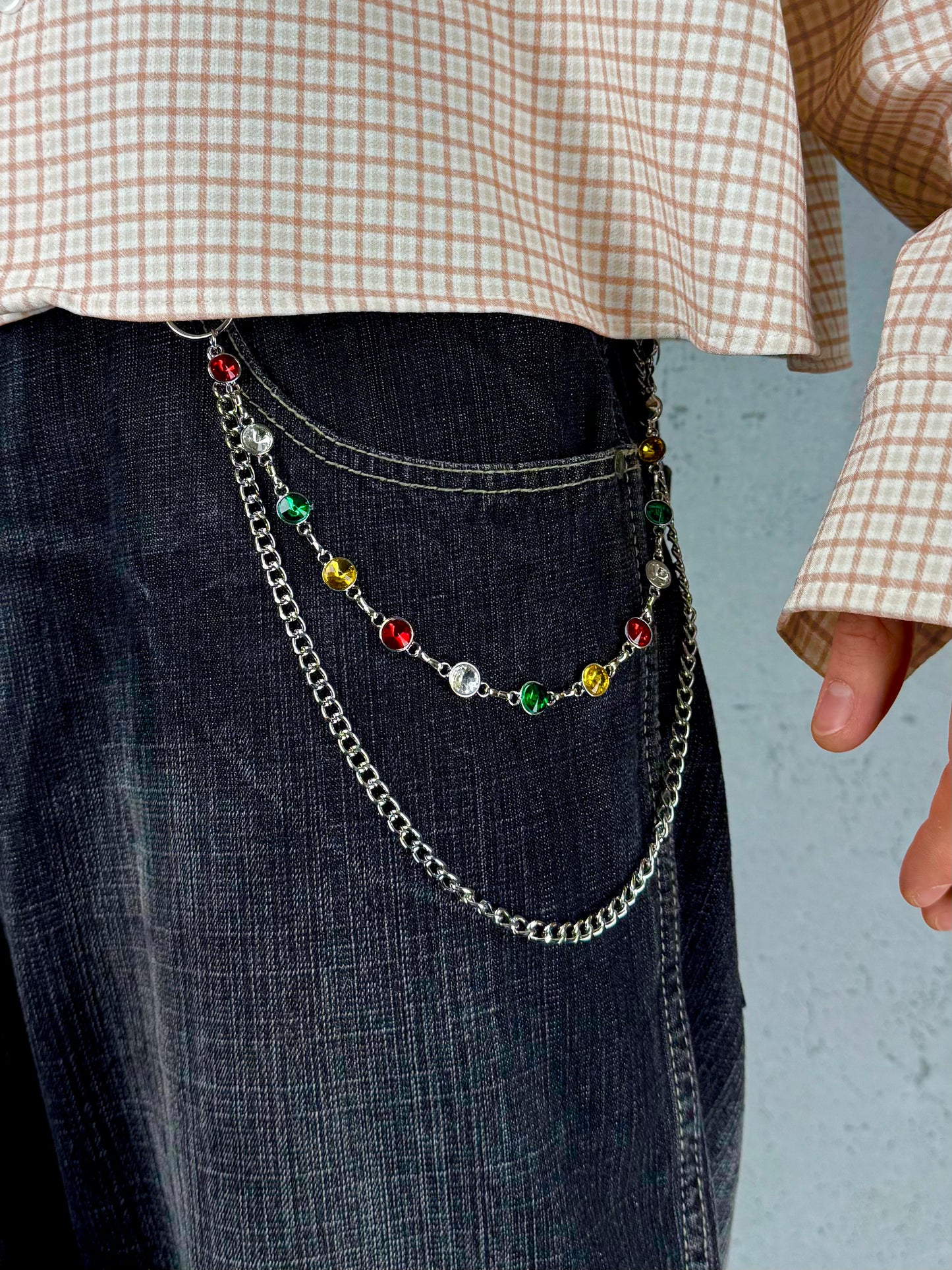 “Multicolor Orbit” Silber-Hosenkette mit weißen Kristallen hochwertiger Streetstyle Y2K