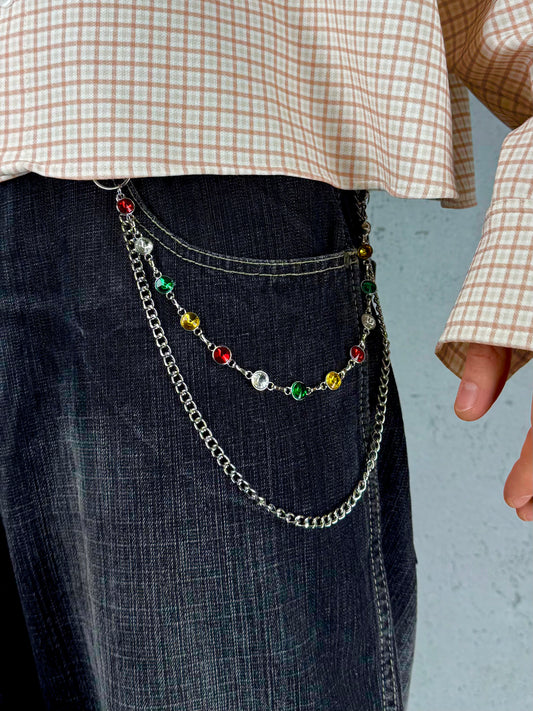 “Multicolor Orbit” Silber-Hosenkette mit weißen Kristallen hochwertiger Streetstyle Y2K