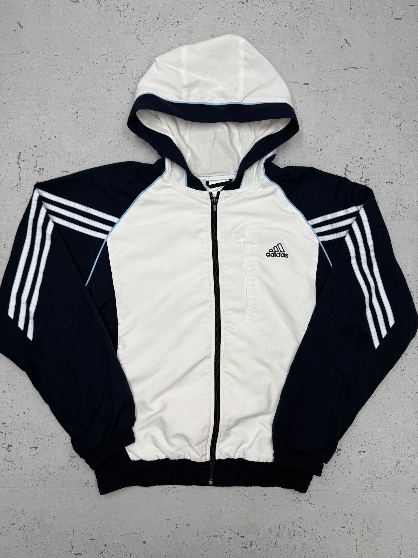 Adidas vintage Trainingsjacke mit Kapuze leicht gefüttert weiß S