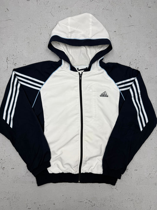 Adidas vintage Trainingsjacke mit Kapuze leicht gefüttert weiß S