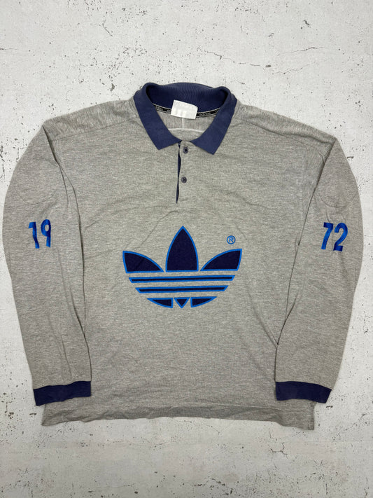 adidas vintage Langarm-Polo grau Rugbyshirt L