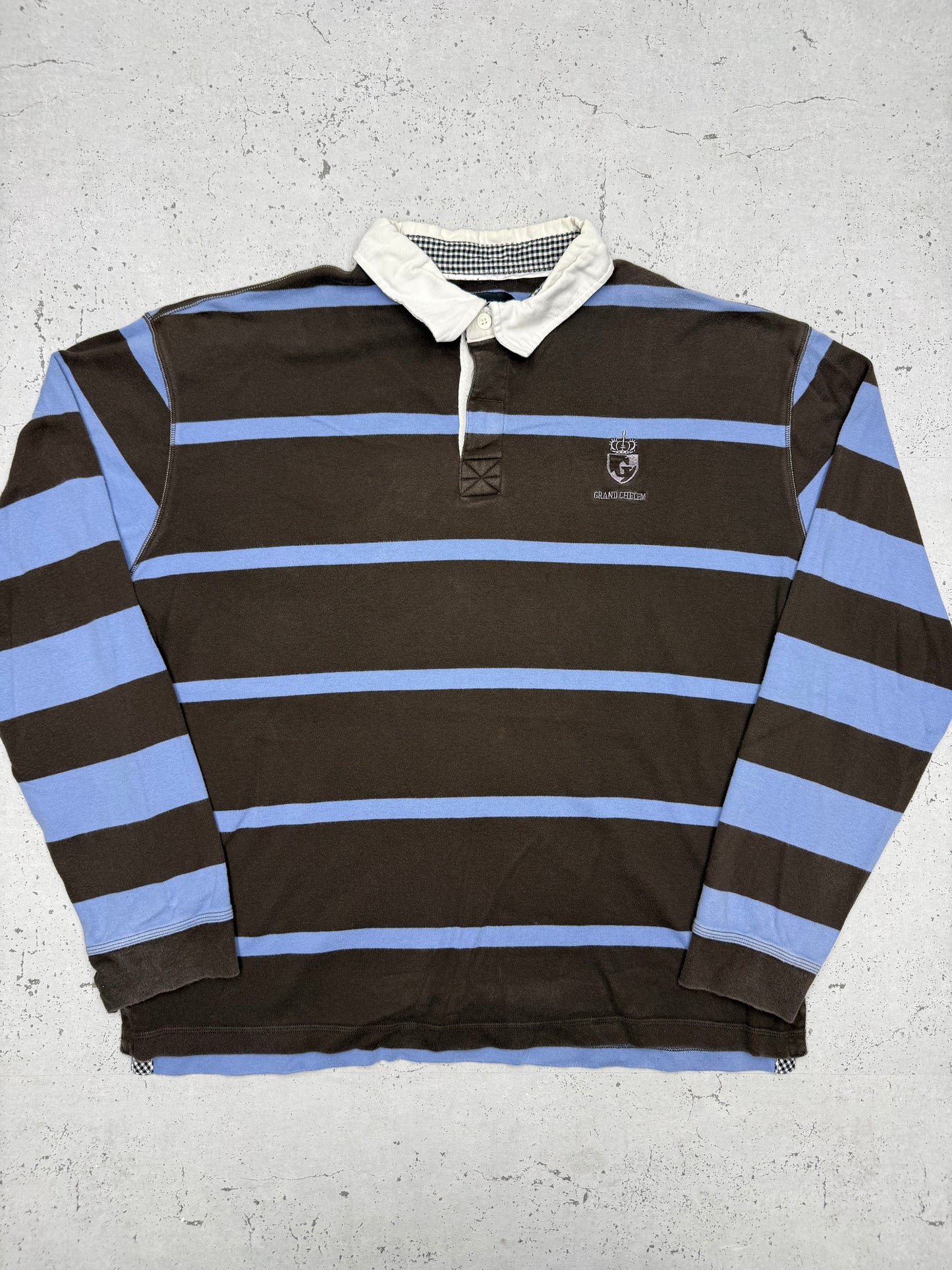Grand Chelem vintage Rugbyshirt langarm Polo braun blau gestreift  XL