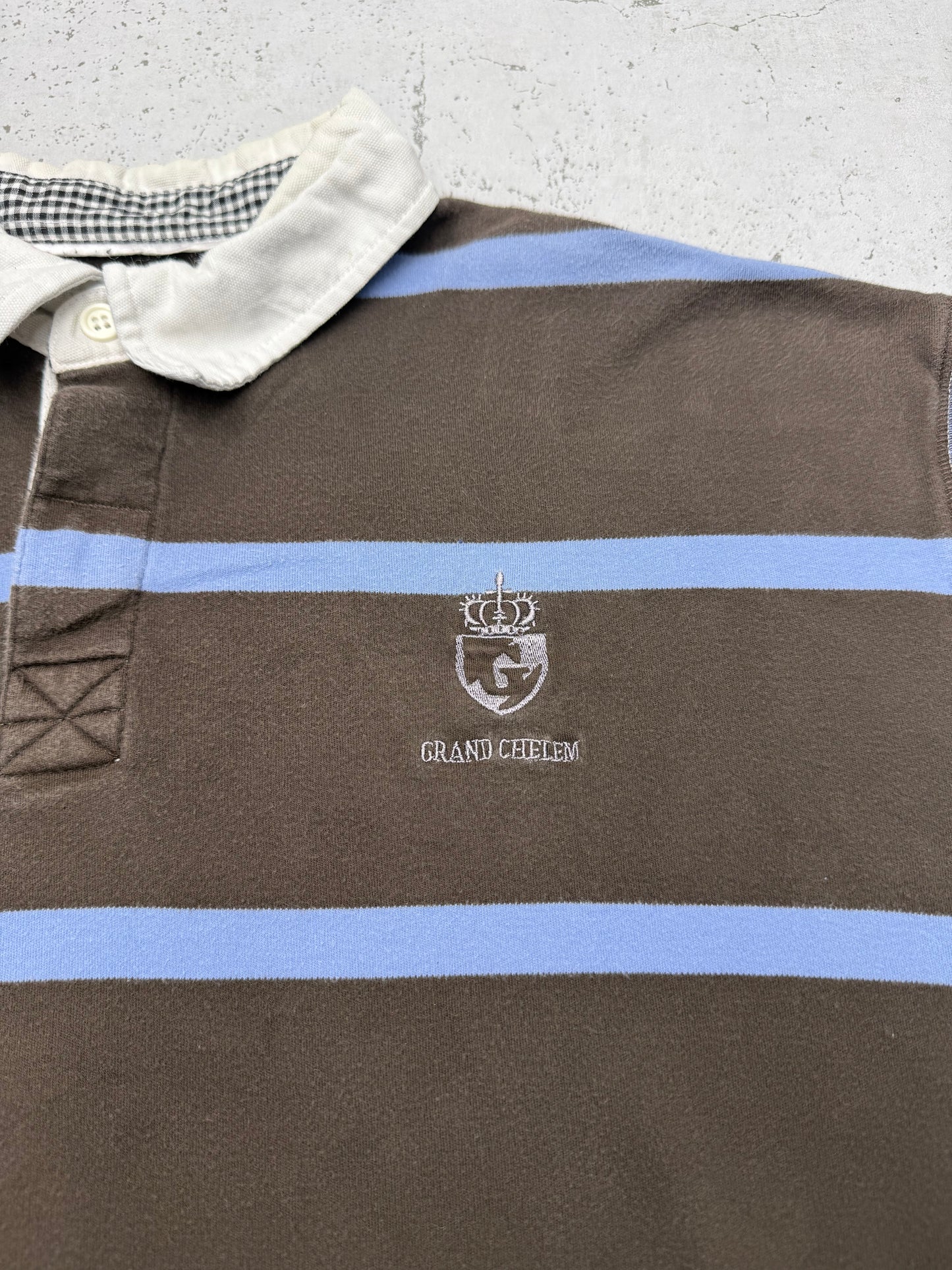 Grand Chelem vintage Rugbyshirt langarm Polo braun blau gestreift  XL