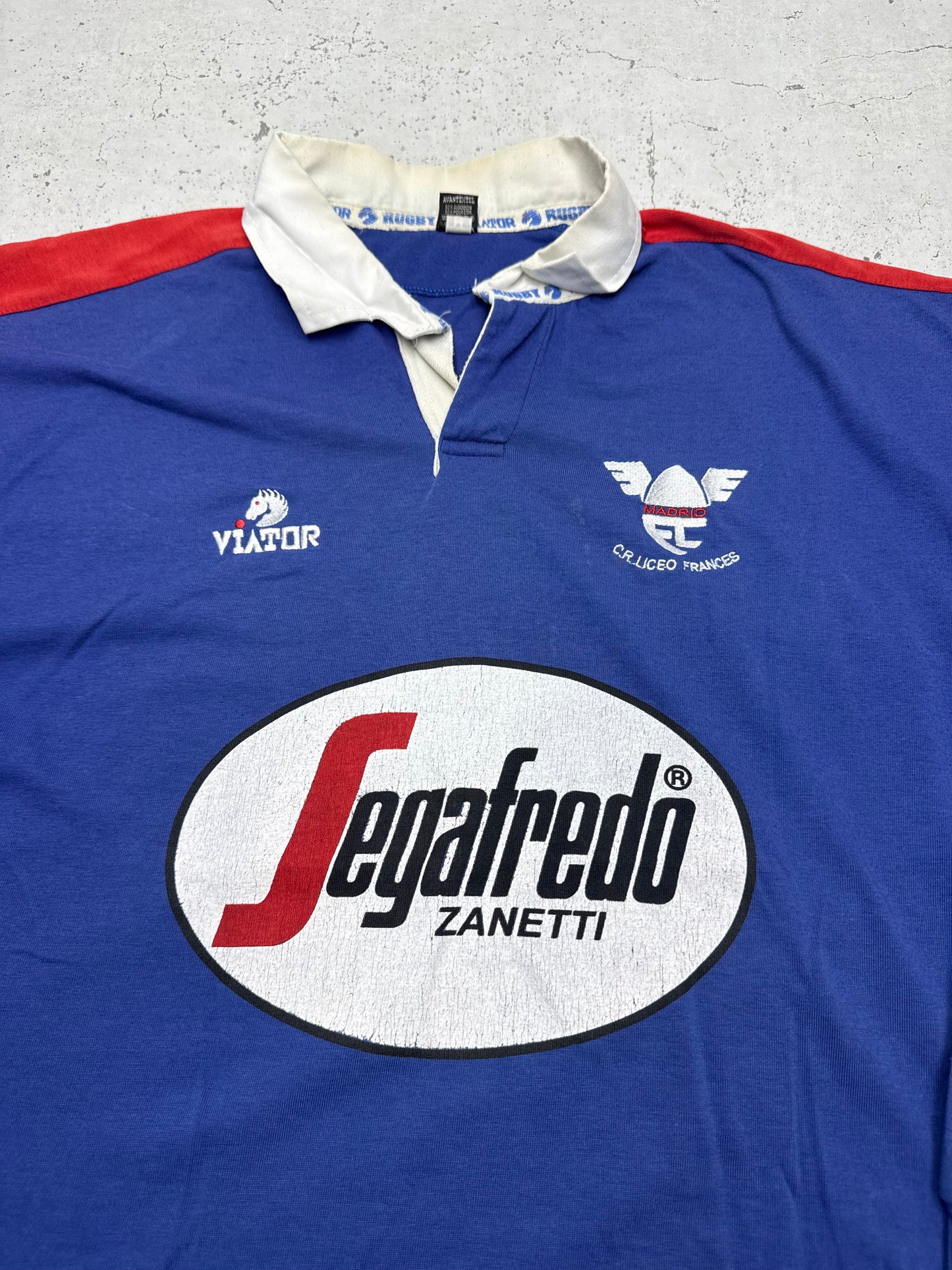 Viator vintage Segafredo Zanetti C.R. Liceo Frances Madrid Rugbyshirt langarm Polo blau L