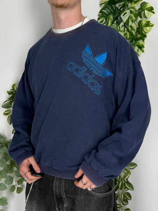 Adidas vintage 90s Sweatshirt Sweater big Logo embroidery Crewneck washed blau L
