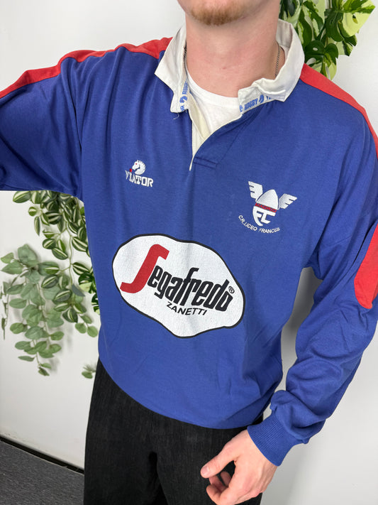Viator vintage Segafredo Zanetti C.R. Liceo Frances Madrid Rugbyshirt langarm Polo blau L