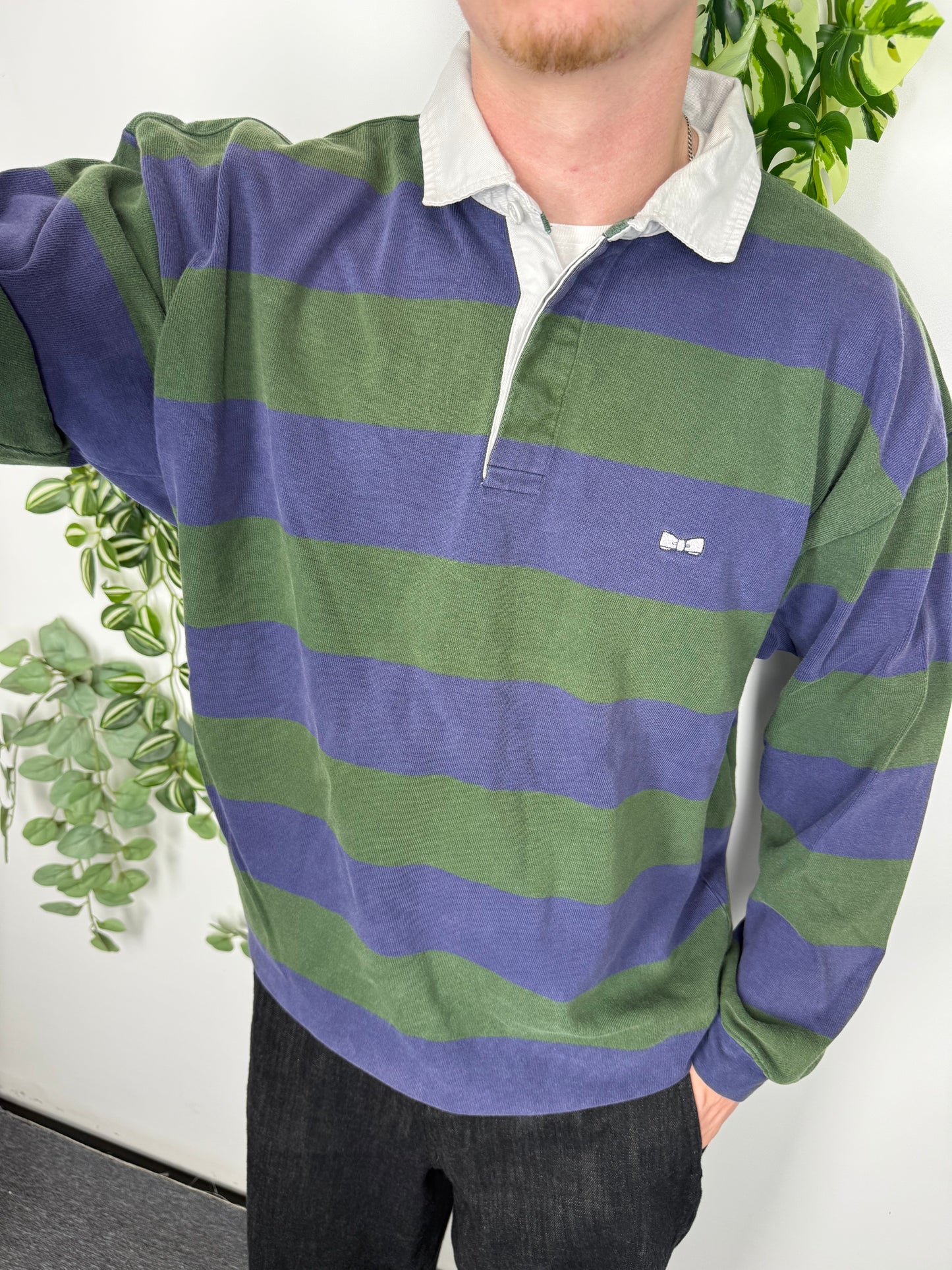 Eden Park vintage Rugbyshirt langarm Polo grün blkau gestreift XL