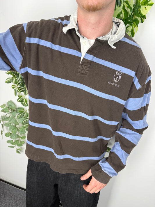 Grand Chelem vintage Rugbyshirt langarm Polo braun blau gestreift  XL