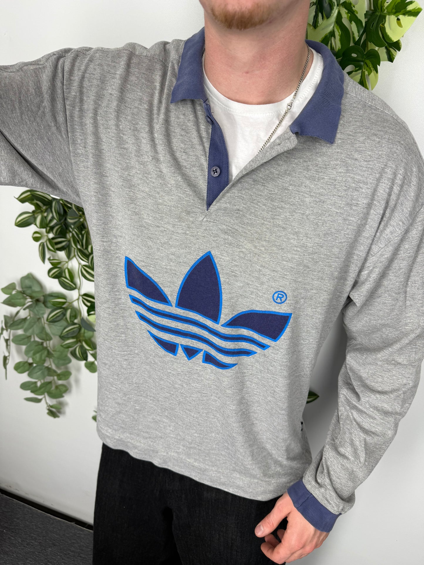 adidas vintage Langarm-Polo grau Rugbyshirt L