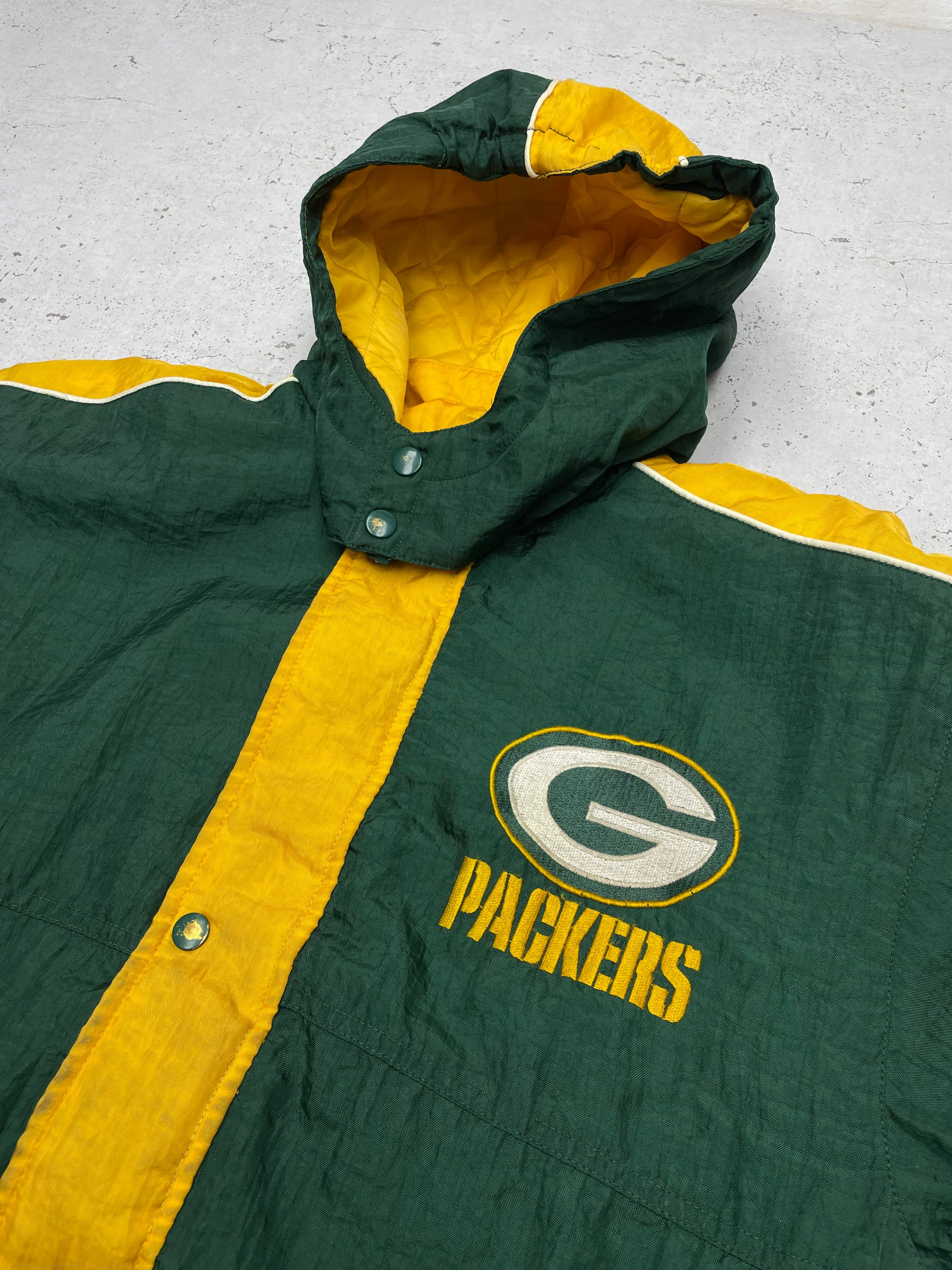 NFL Green Bay Packers Football Vintage Jacke gefüttert grün gelb S - MonkeysVintage