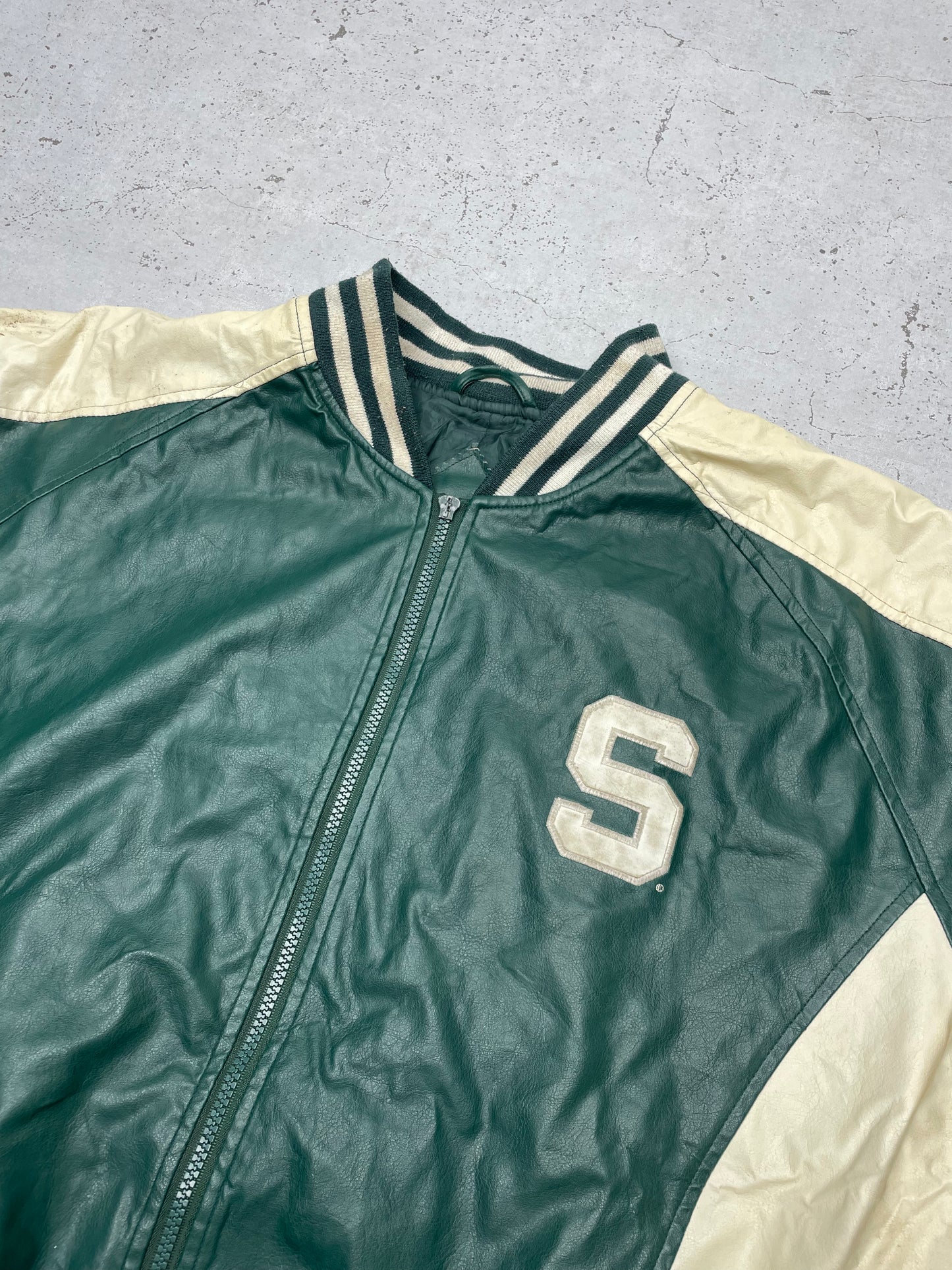 NFL Vintage Michigan State Spartans Collegejacke Leder grün beige L - MonkeysVintage