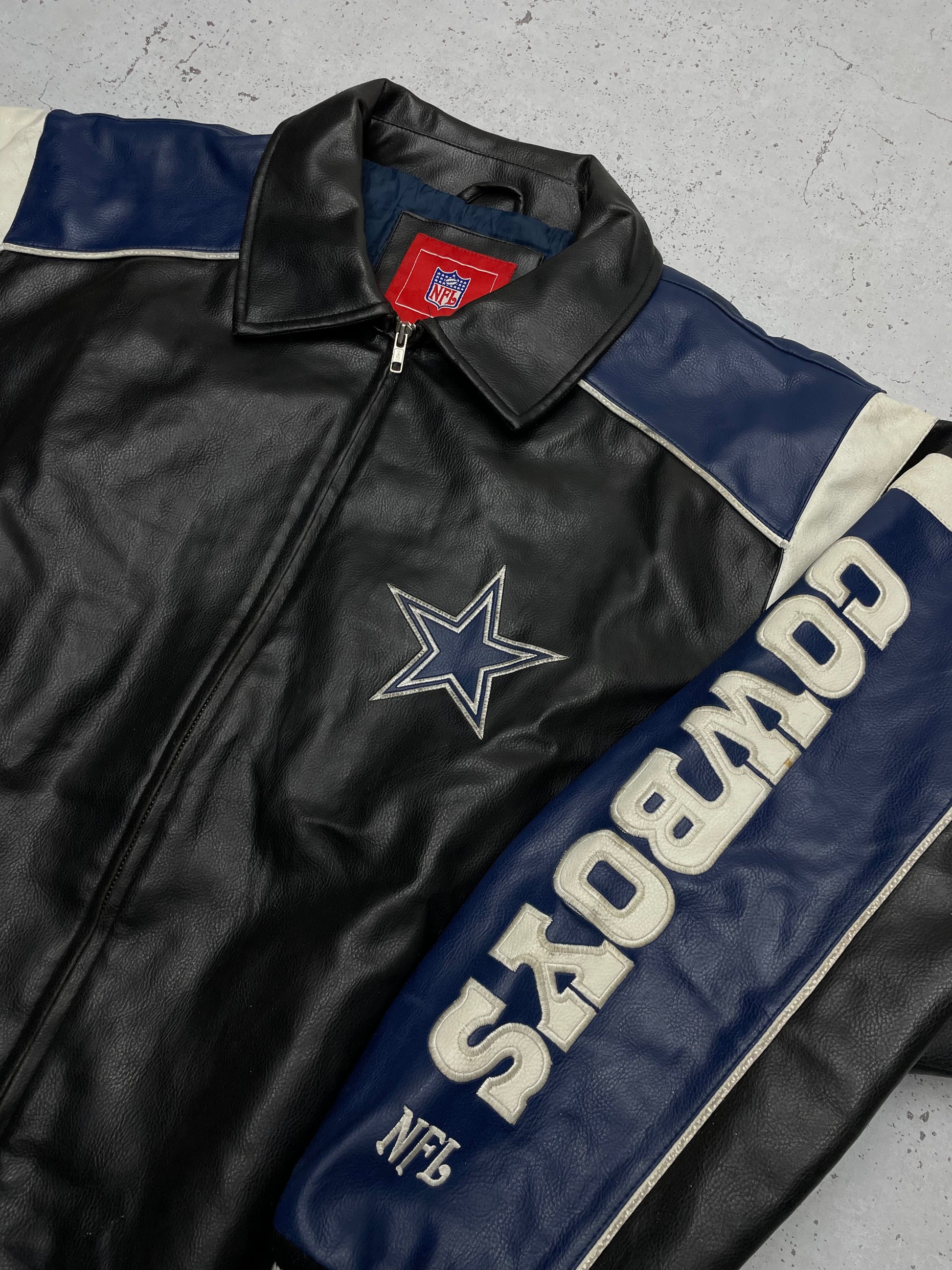 NFL Dallas Cowboys Vintage Lederjacke Collegejacke blau schwarz XL - MonkeysVintage