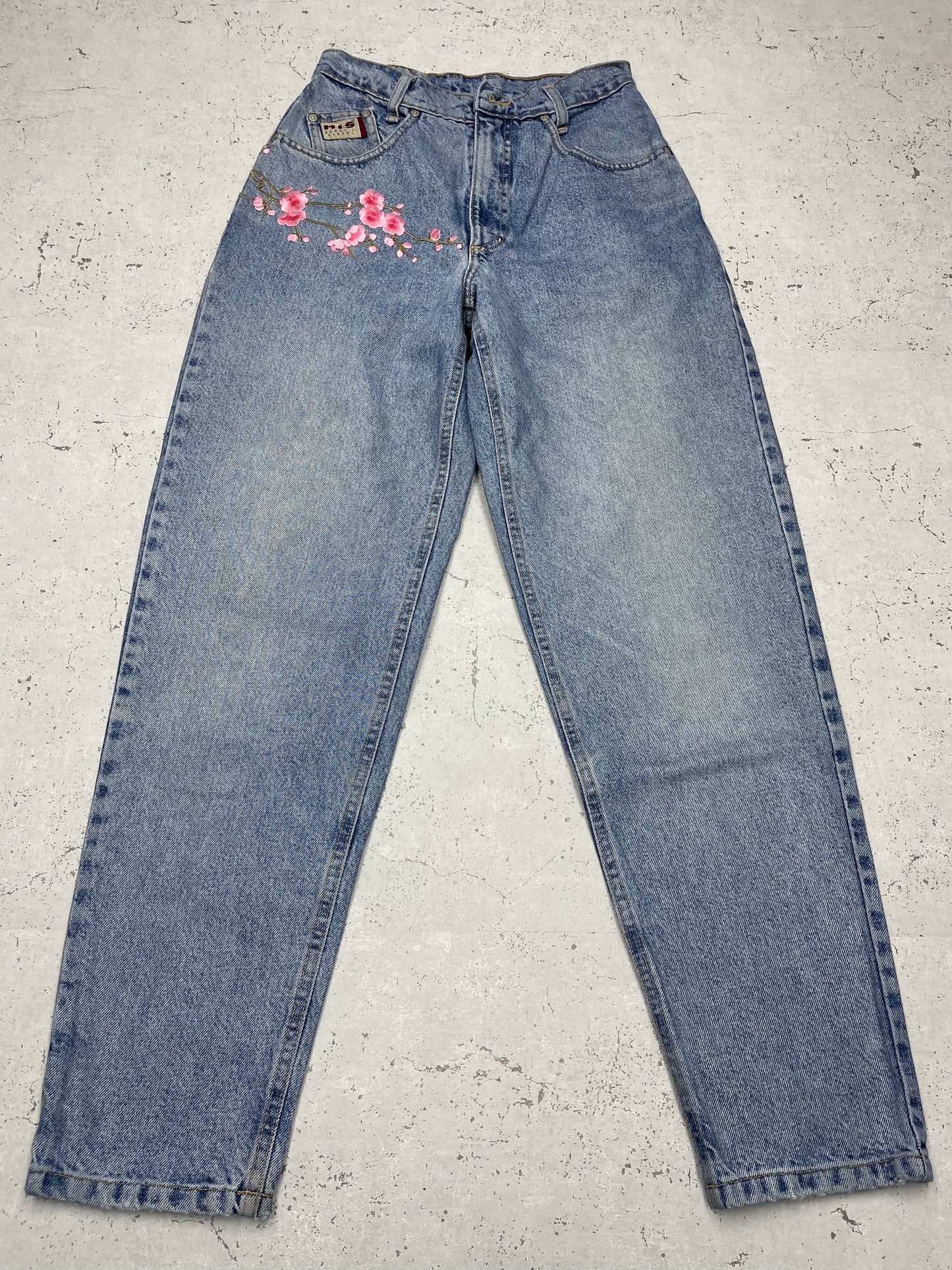 Vintage Y2K Japanese Flower Design Jeans blau W27 - MonkeysVintage