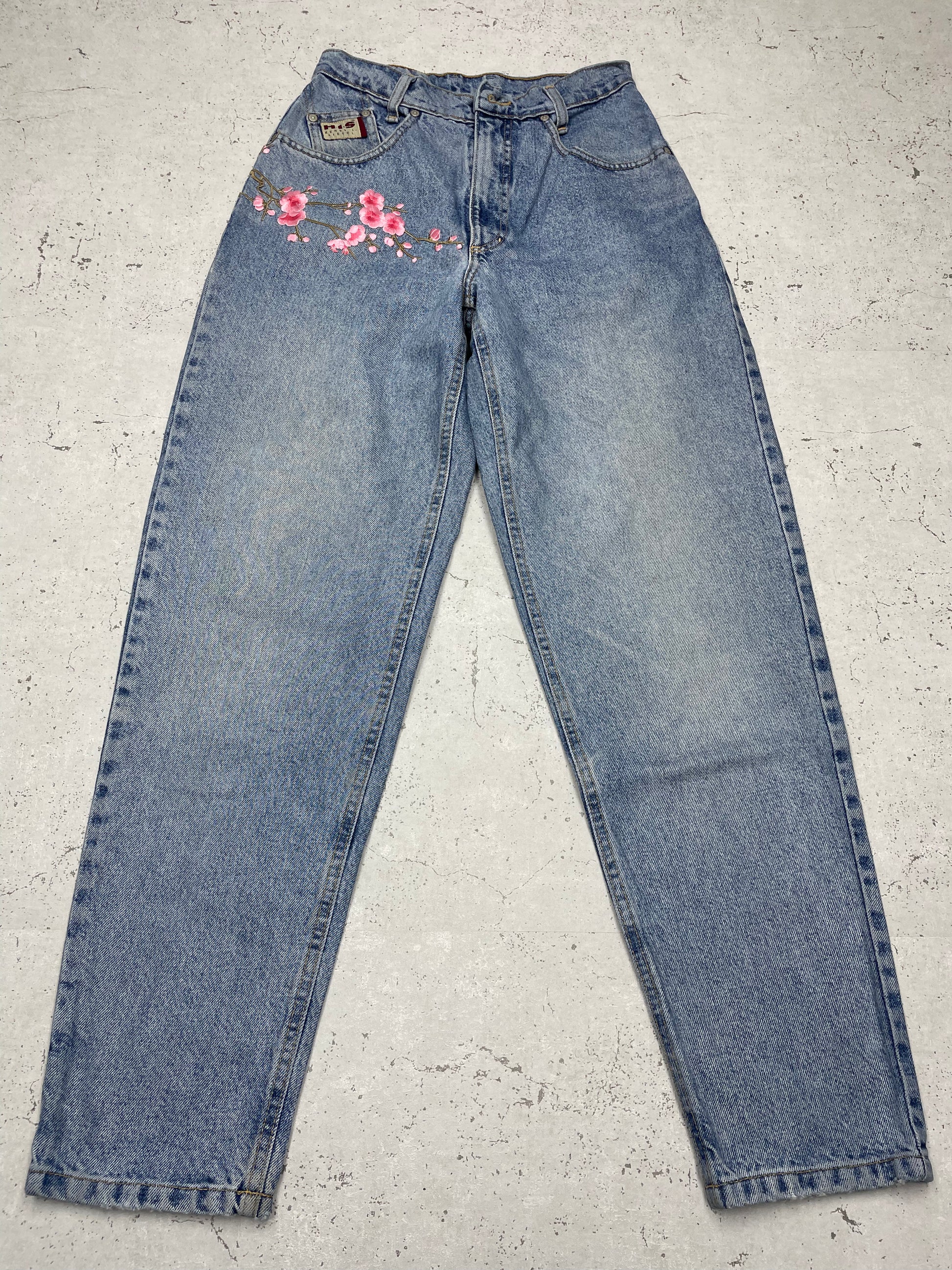 Vintage Y2K Japanese Flower Design Jeans blau W27 - MonkeysVintage