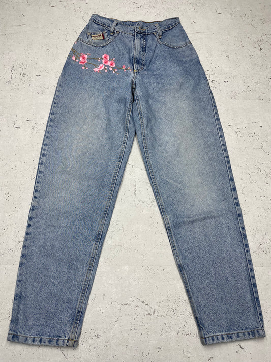 Vintage Y2K Japanese Flower Design Jeans blau W27 - MonkeysVintage