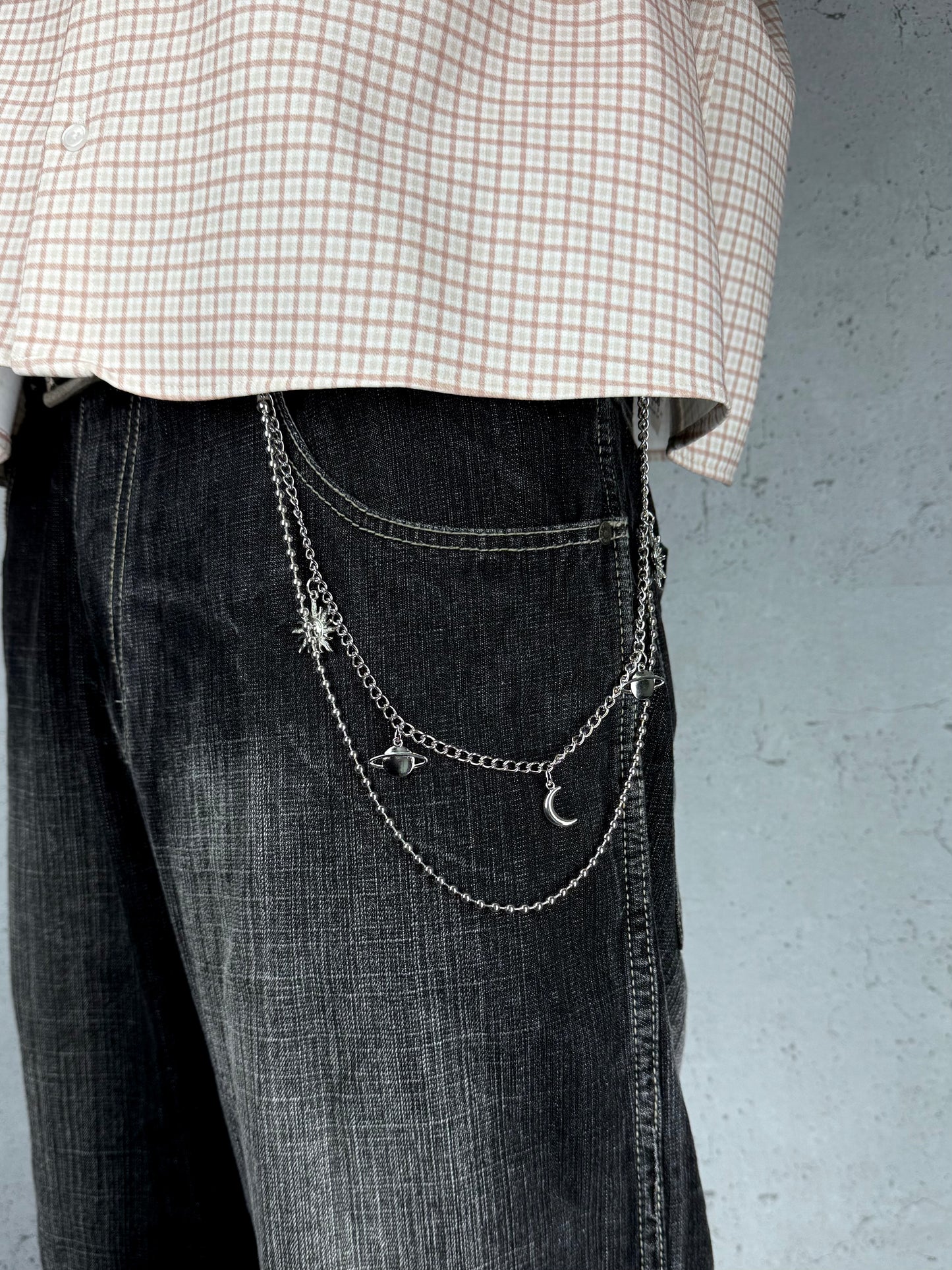 „Galaxy Chain“ Silber Hosenkette mit Sonne, Mond und Saturn Y2K Streetstyle