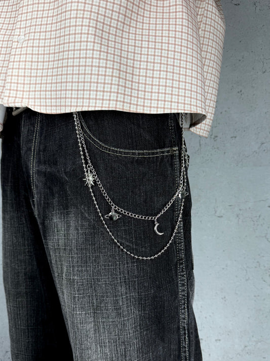 „Galaxy Chain“ Silber Hosenkette mit Sonne, Mond und Saturn Y2K Streetstyle