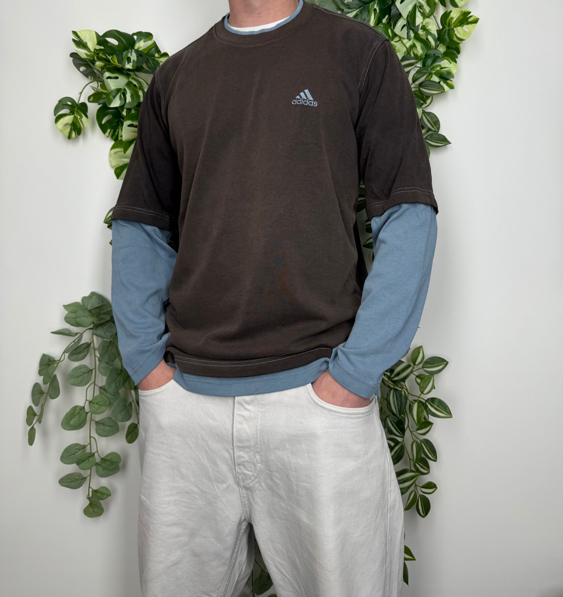 Adidas Vintage langarm Shirt longsleeve Braun Blau L - MonkeysVintage