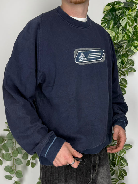 Adidas vintage big Logo embroidery Sweatshirt Sweater Crewneck blau XL