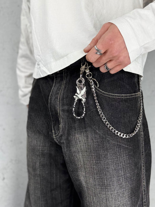 "Freedom Charm" Streetwear Y2K Hip Hop Anhänger Karabiner Silber mit Kreuz & Perlen