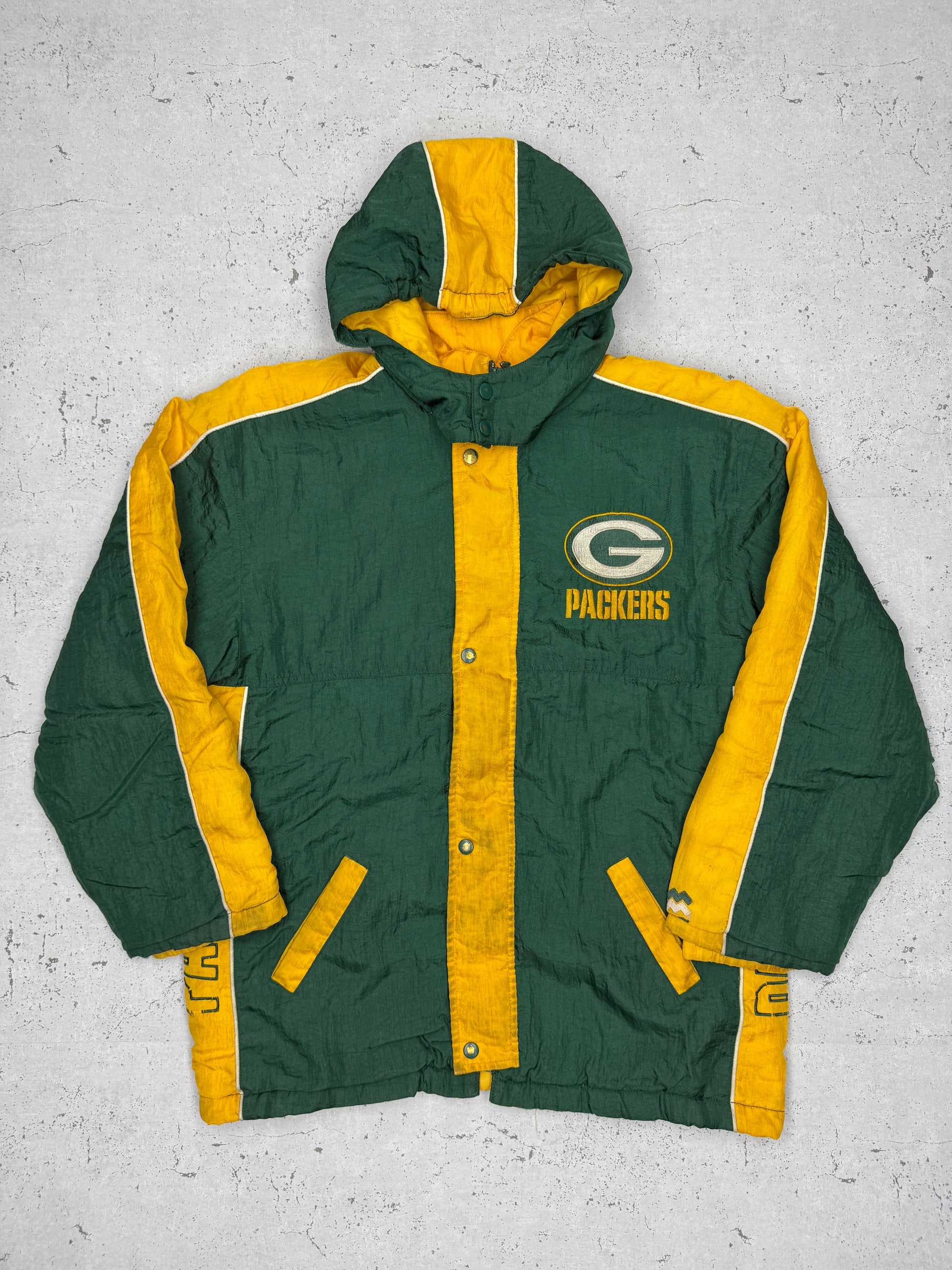 NFL Green Bay Packers Football Vintage Jacke gefüttert grün gelb S - MonkeysVintage