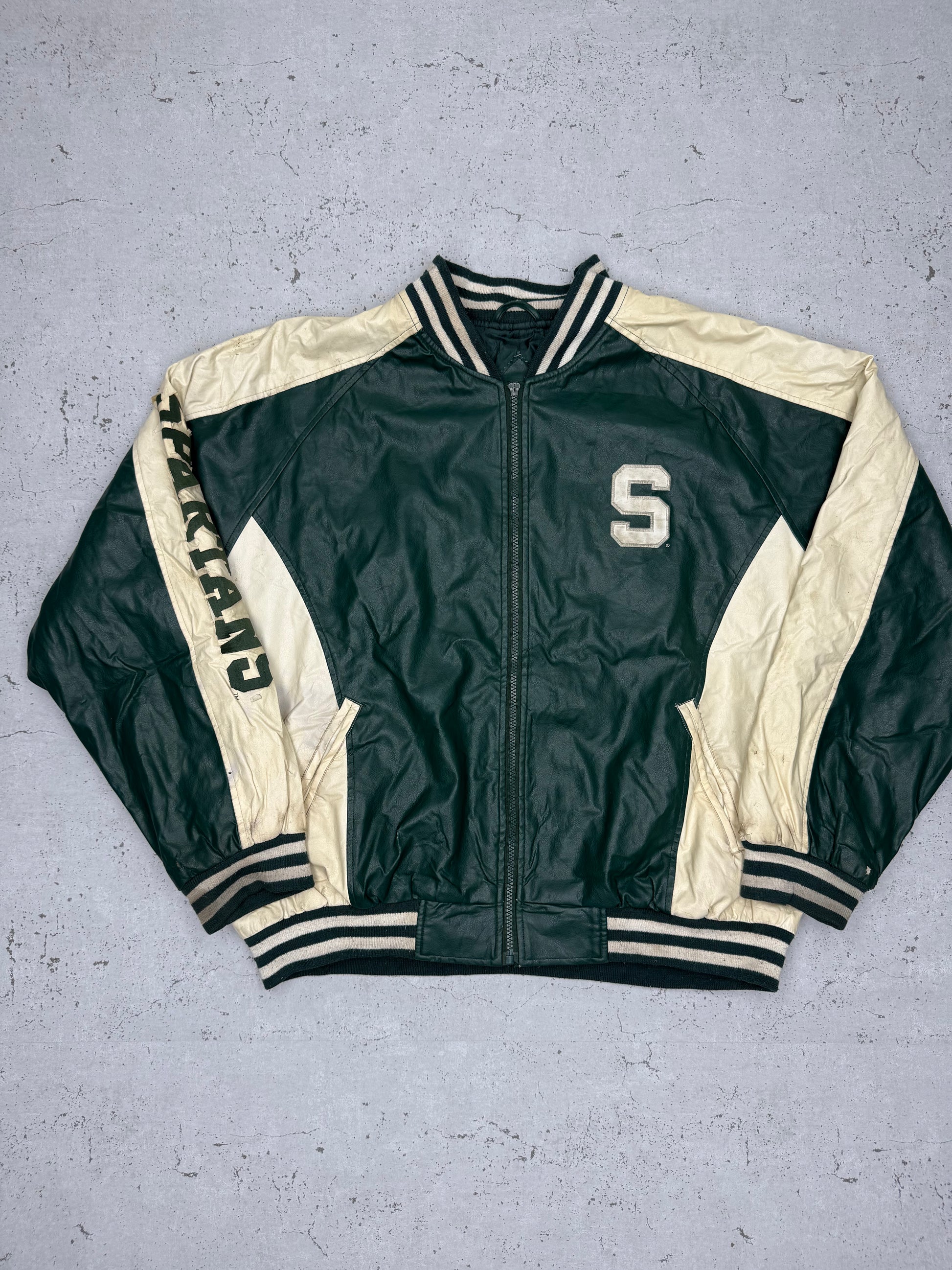 NFL Vintage Michigan State Spartans Collegejacke Leder grün beige L - MonkeysVintage