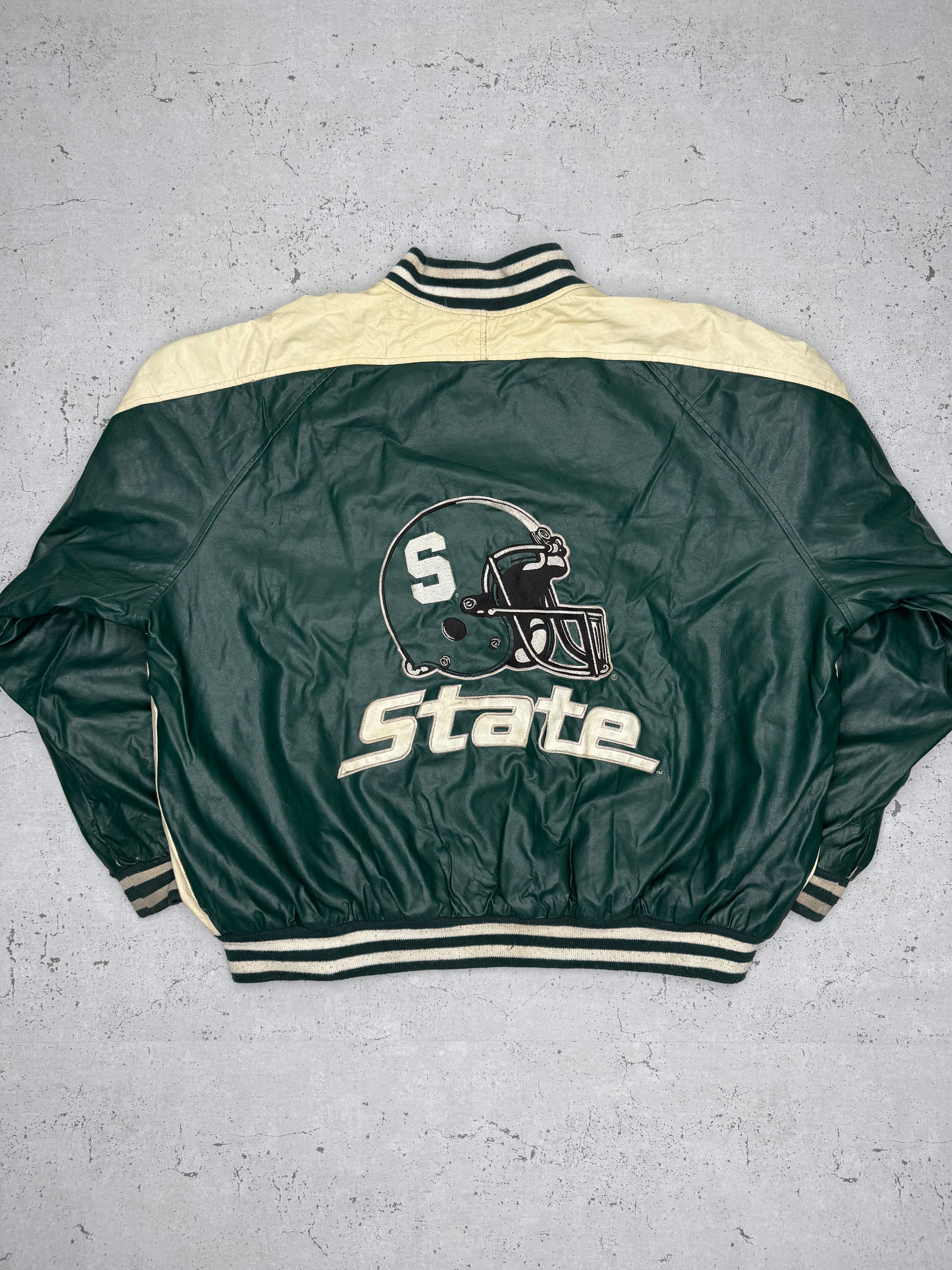 NFL Vintage Michigan State Spartans Collegejacke Leder grün beige L - MonkeysVintage
