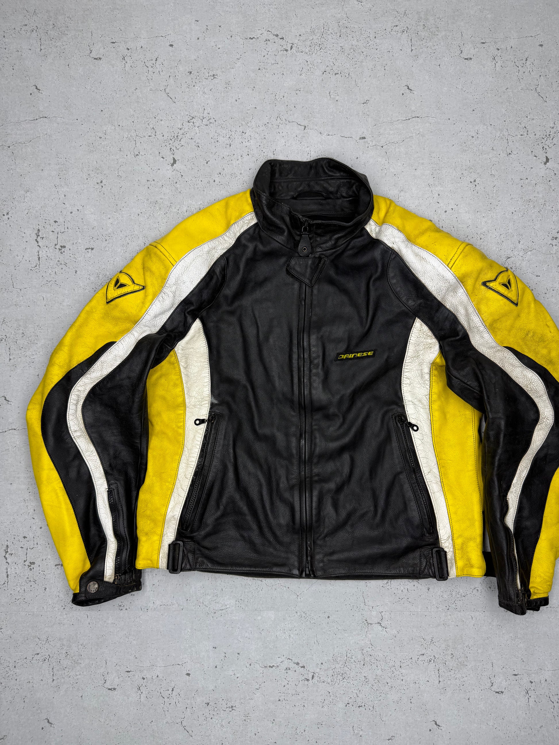Dainese Vintage Lederjacke Mottoradjacke schwarz gelb M - MonkeysVintage